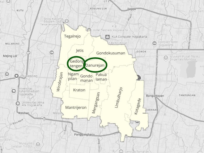 Distritos Gedongtengen y Danurejan marcados en el mapa de la ciudad de Yogyakarta