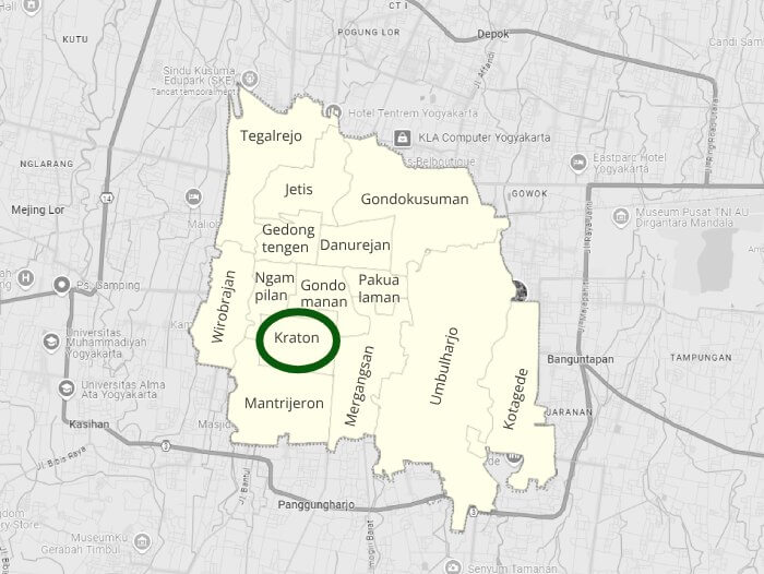 Mapa de Yogyakarta con la zona de Kraton marcada