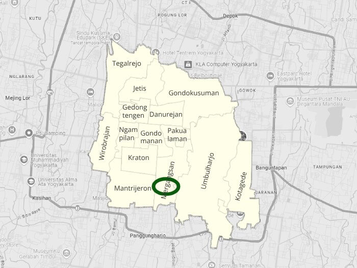 Mapa con la zona de Prawirotoman marcada, una de las mejores zonas donde alojarse en Yogyakarta