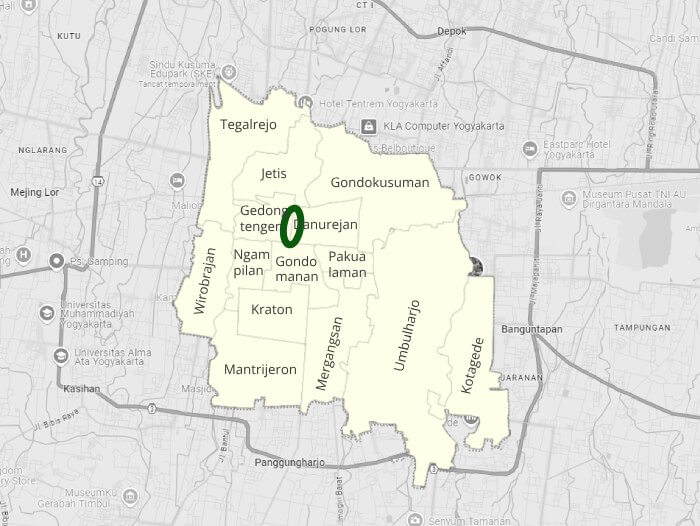 Mapa de los distritos de Yogyakarta, con la calle Malioboro marcada