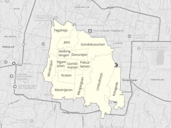 Mapa de los diferentes distritos donde alojarse en la ciudad de Yogyakarta