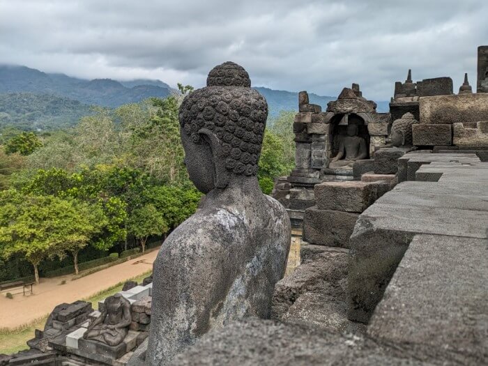 Vistas del paisaje verde y con niebla desde arriba del templo Borobudur con una de sus estatuas de buda delante