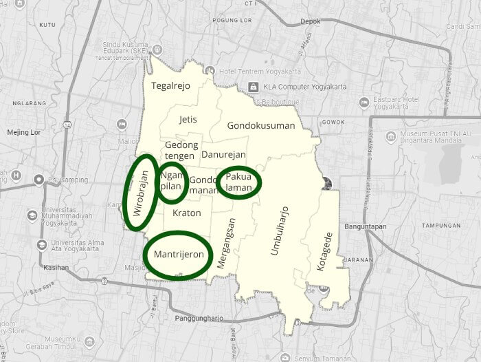 Distritos Wirobrajan, Ngampilan, Pakualaman y Mantrijeron marcados en el mapa de la ciudad de Yogyakarta